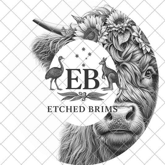 Hat Engraving Template: Highland Cow with Sunflowers - Laser Ready, EB856
