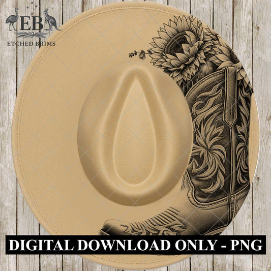 Cowgirl Boots & Sunflowers Half, Hat Burning Design, Laser Engraving Design Wide Brim Hat, Boho,Laser Hat Burning Template, EB833