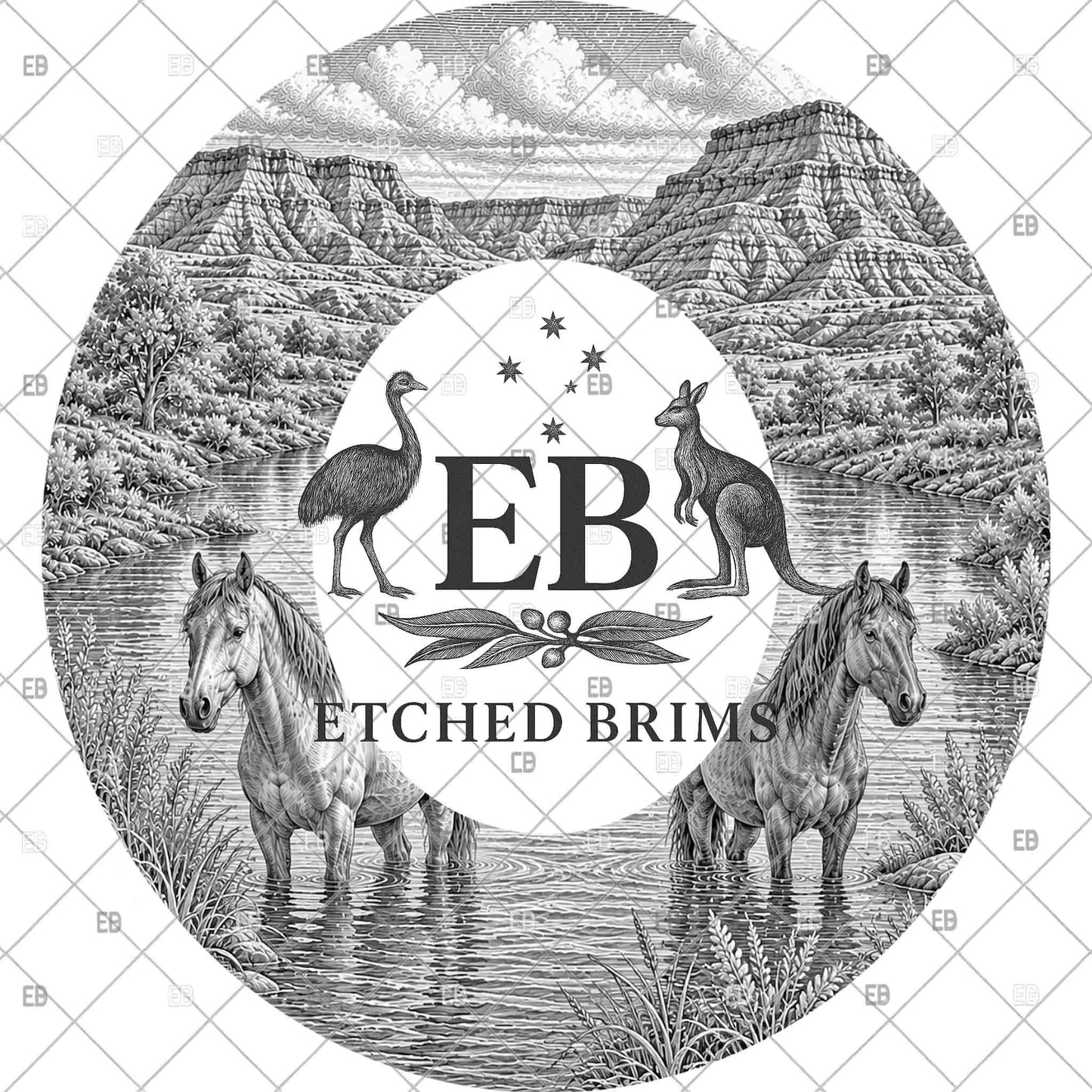 Wild Horses River Scene, Hat Burning Design, Laser Hat Engraving, Digital Download PNG, Wide Brim Hat File, EB1257