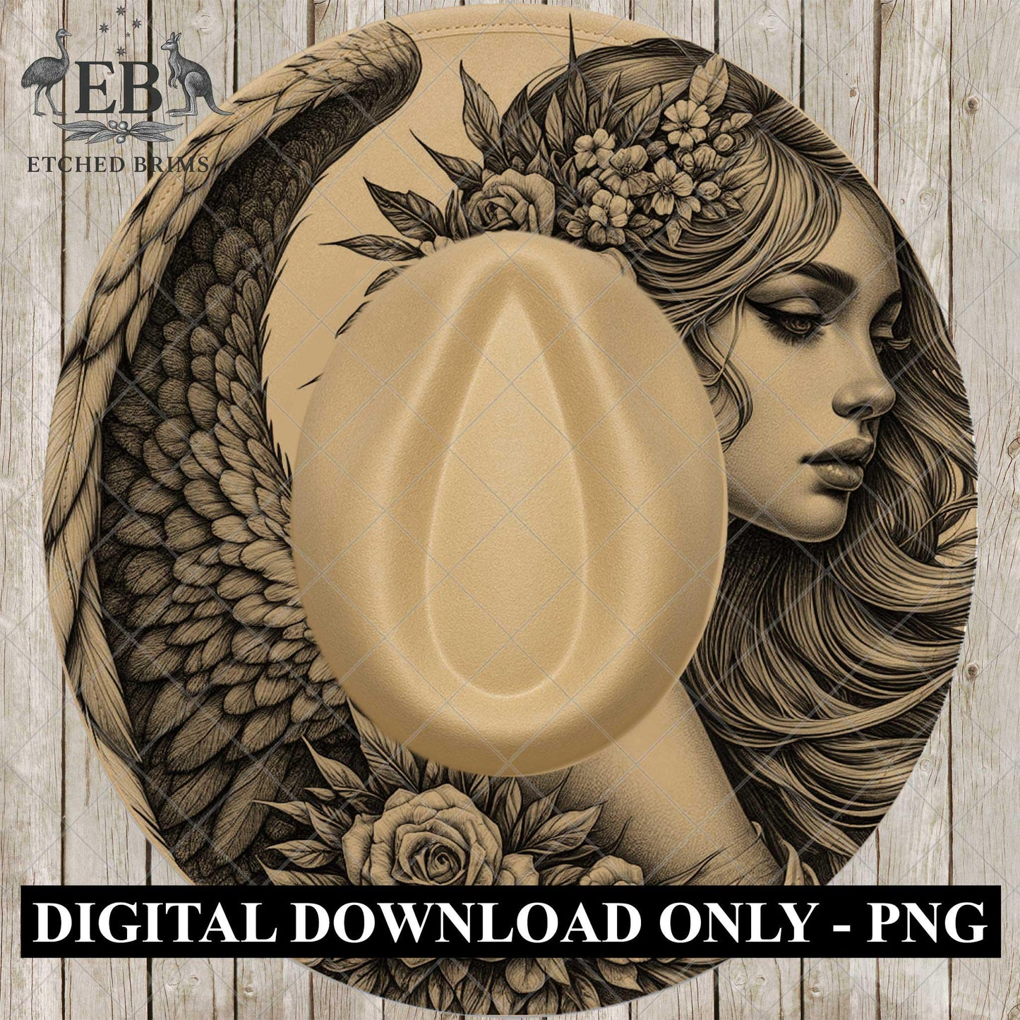 Angel Woman Wings, Hat Burning Design, Wide Brim Hat Template, Burned Hat PNG, Pyrography, Hat Design Pattern, EB796