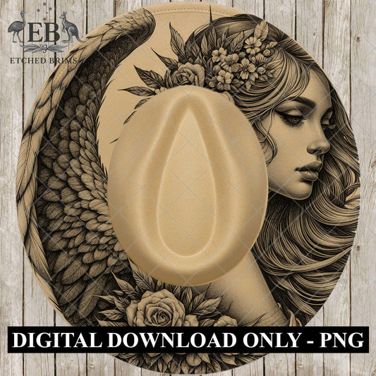 Angel Woman Wings, Hat Burning Design, Wide Brim Hat Template, Burned Hat PNG, Pyrography, Hat Design Pattern, EB796