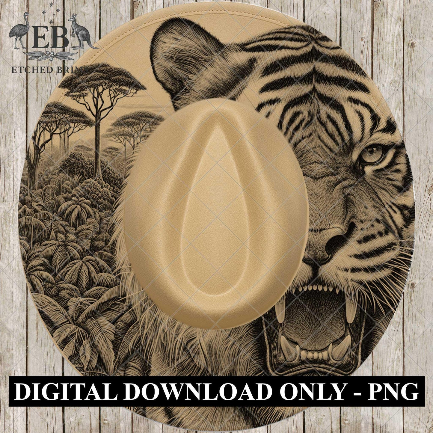 Roaring Tiger, Hat Burning Design, Hat Engraving Template, Wide Brim Burned Hat, PNG Laser Design, EB790