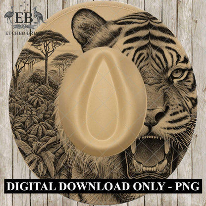 Roaring Tiger, Hat Burning Design, Hat Engraving Template, Wide Brim Burned Hat, PNG Laser Design, EB790