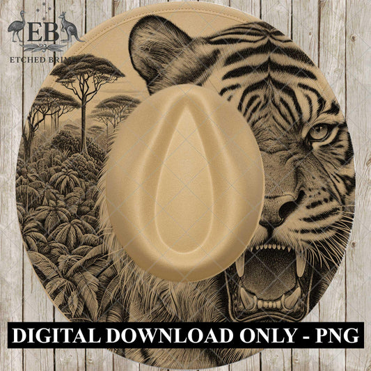 Roaring Tiger, Hat Burning Design, Hat Engraving Template, Wide Brim Burned Hat, PNG Laser Design, EB790