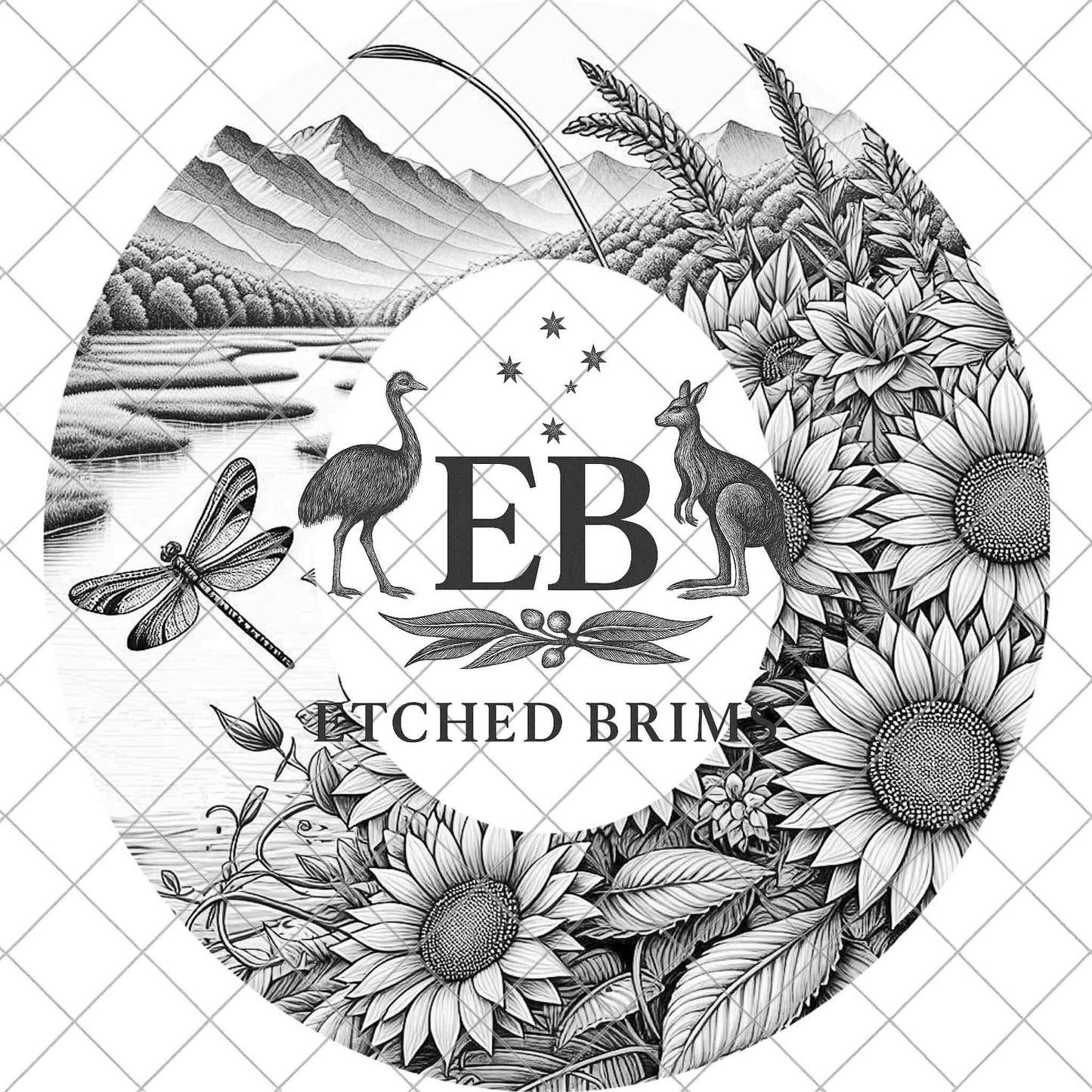 Sunflowers, Mountains and Dragonfly, Hat Burning Design, Laser Engraving Template, PNG, PDF included, EB987