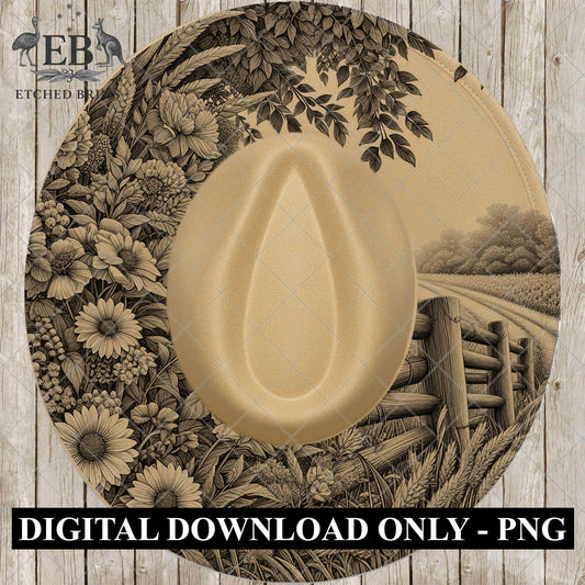 Country Wildflowers, Hat Engraving, Hat Burning Design, Hat Laser File, Wide Brim Hat, Printable Hat Template, EB1047