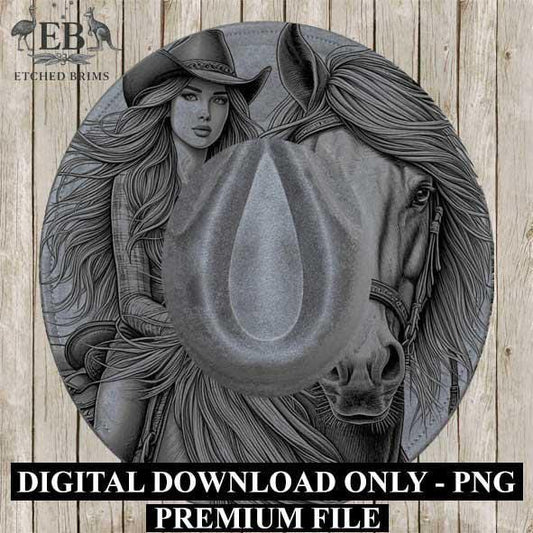 Cowgirl Horse 4, Laser Hat Burning Design, Digital Download PNG, Hat Burning Template, Hat Laser Engraving Design, Wide Brim Hat File EB225