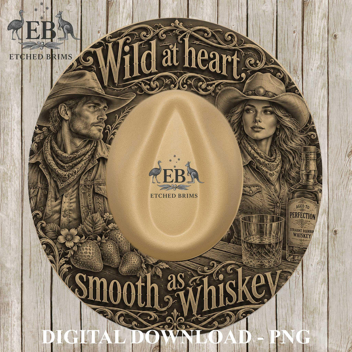 Whiskey Cowgirl and Cowboy, Hat Burning Design, Wide Brim Laser Hat Engraving File, Printable Stencil, EB1375