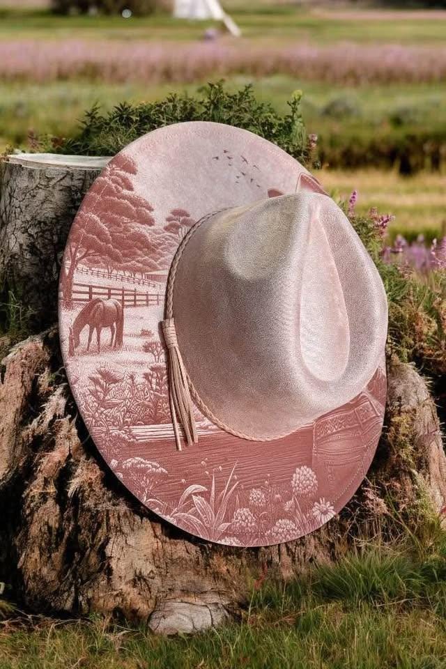 Cowgirl Dreams - Country Engraved Wide Brim Hat, Vegan Suede Fedora Hat, Laser Engraved, Cowboy Hat, Burned Fedora, Cowgirl Design