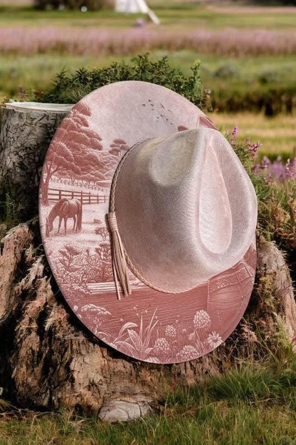 Cowgirl Dreams - Country Engraved Wide Brim Hat, Vegan Suede Fedora Hat, Laser Engraved, Cowboy Hat, Burned Fedora, Cowgirl Design