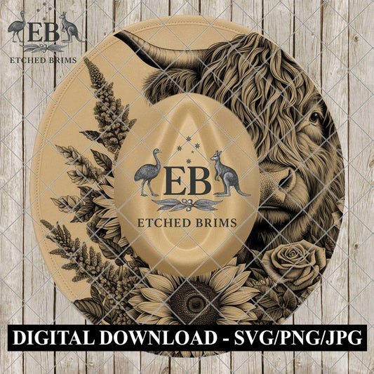 Highland Cow Roses & Sunflowers, Laser Hat Design, (PNG, PDF), Hat Engraving, Wide Brim Cowboy Hat, EB1136