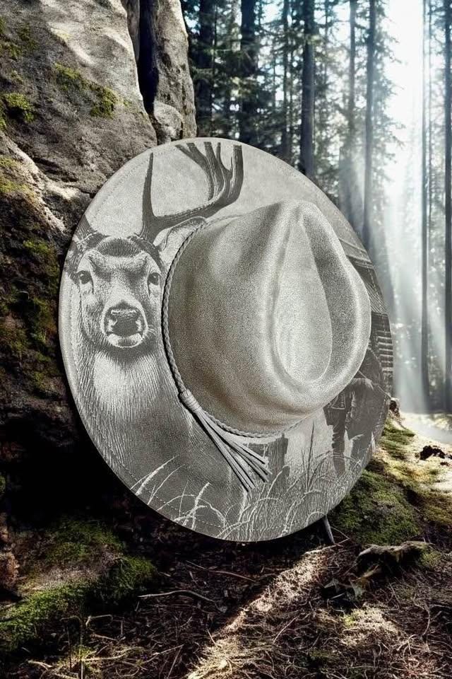 Hunters Retreat - Engraved Stag & Cabin Wide Brim Hat, Vegan Suede Fedora Hat, Laser Engraved, Cowboy Hat, Burned Fedora, Deer Hunter Design