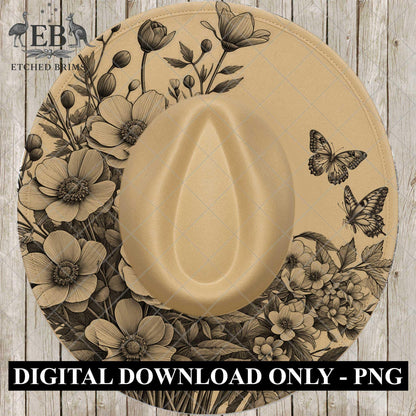 Hat Burning Design, Flowers Curve 5 and Butterflies, Wide Brim Hat Design, Laser Hat Template, Boho Cowboy Style, Laser File, EB666