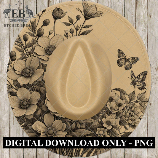 Hat Burning Design, Flowers Curve 5 and Butterflies, Wide Brim Hat Design, Laser Hat Template, Boho Cowboy Style, Laser File, EB666
