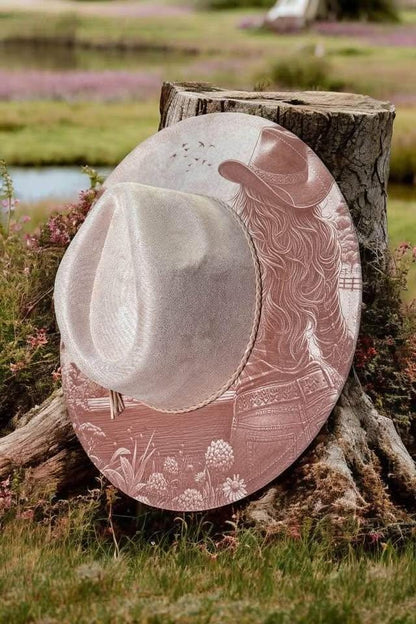 Cowgirl Dreams - Country Engraved Wide Brim Hat, Vegan Suede Fedora Hat, Laser Engraved, Cowboy Hat, Burned Fedora, Cowgirl Design