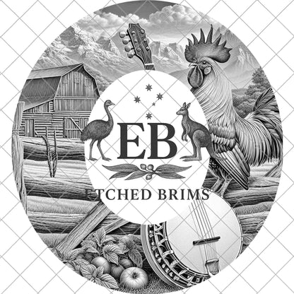 Rooster Banjo Western Hat Template, Country Barn Brim Laser Engraving File, EB1016