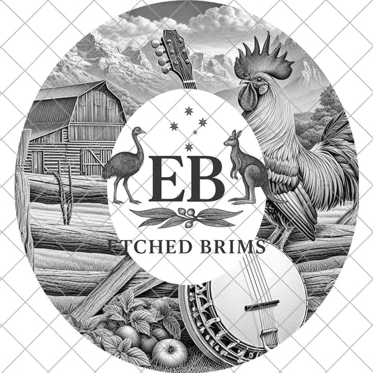 Rooster Banjo Western Hat Template, Country Barn Brim Laser Engraving File, EB1016