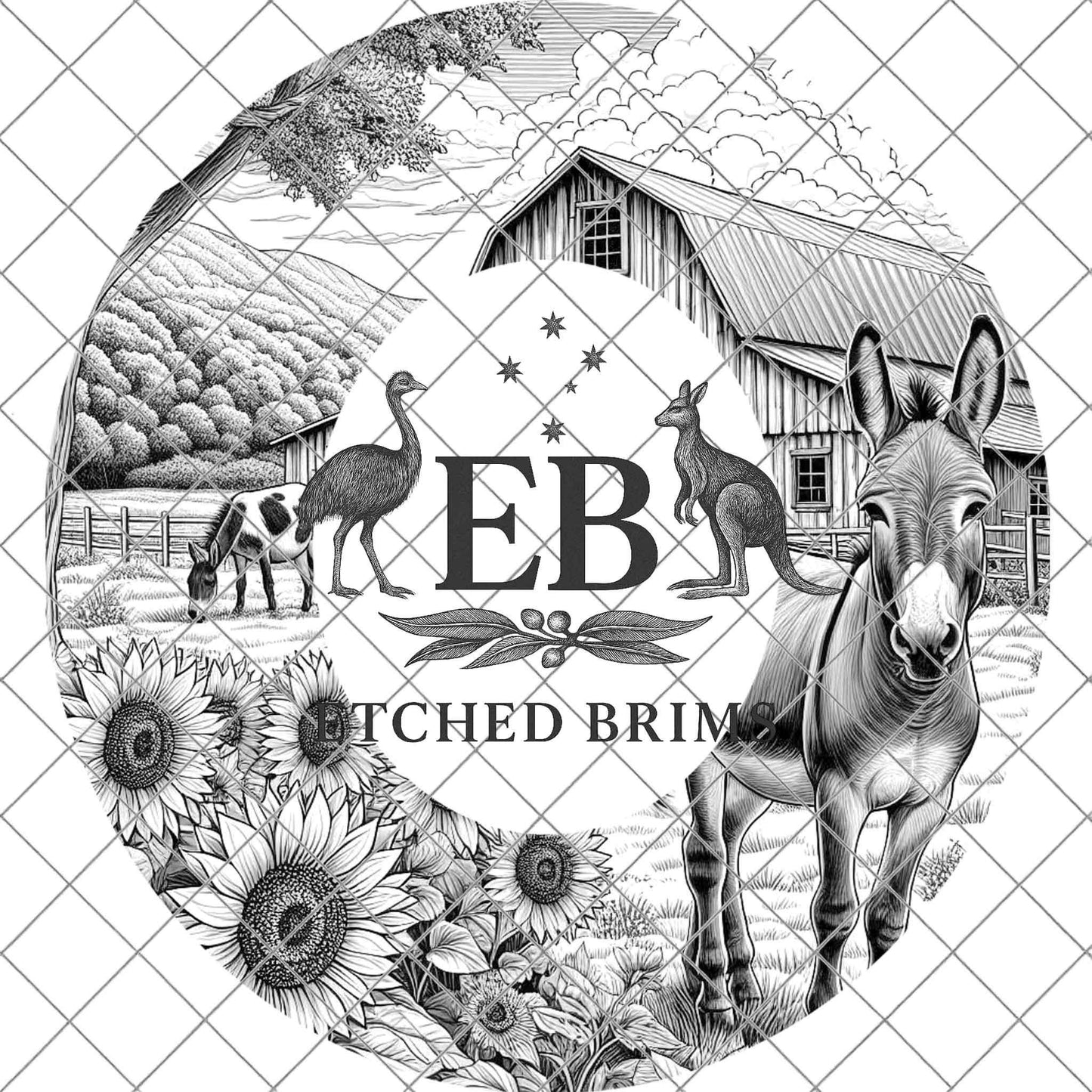 Donkey & Sunflowers 12, Hat Burning Template, Hat Burning Stencil, Hat Laser Engraving Design, Wide Brim Hat, Printable Hat Template, EB649