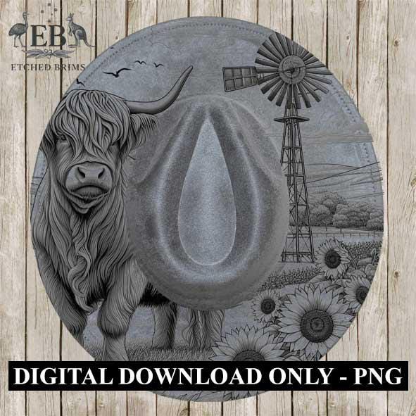 Highland Cow & Windmill Hat Design 1, Rustic Farmhouse Sunflower Brim Template, Western Laser Engraving Digital Download Hat File, EB375