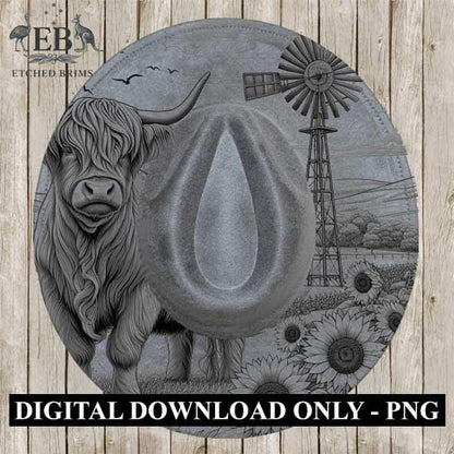 Highland Cow & Windmill Hat Design 1, Rustic Farmhouse Sunflower Brim Template, Western Laser Engraving Digital Download Hat File, EB375