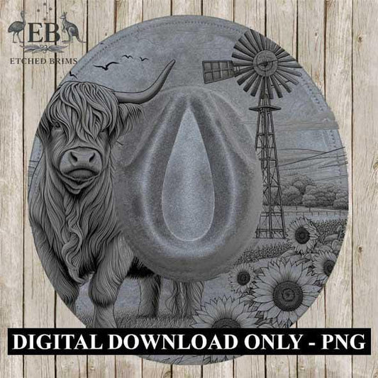 Highland Cow & Windmill Hat Design 1, Rustic Farmhouse Sunflower Brim Template, Western Laser Engraving Digital Download Hat File, EB375