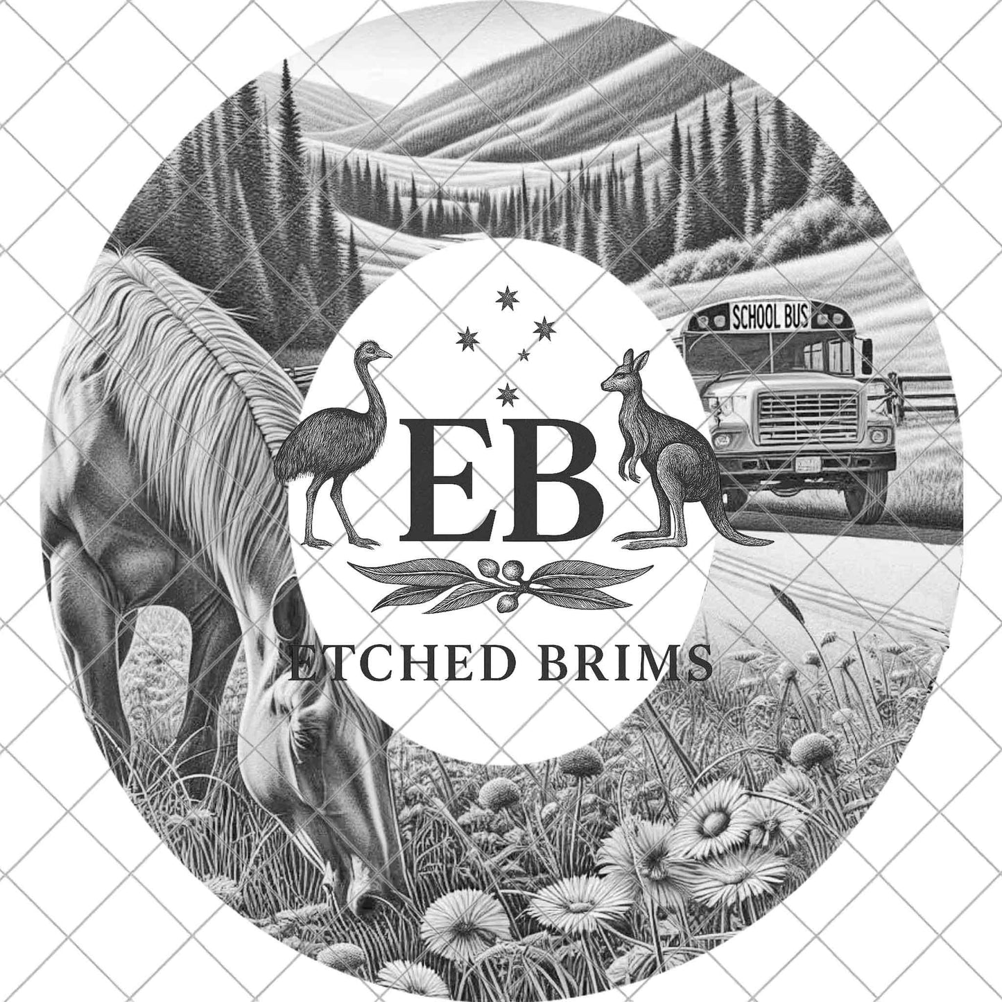 Horse Meadow & School Bus Hat Template PNG, Laser Engraving Brim Design for Western Hats, EB1030