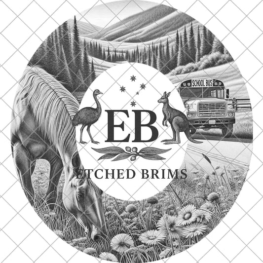 Horse Meadow & School Bus Hat Template PNG, Laser Engraving Brim Design for Western Hats, EB1030