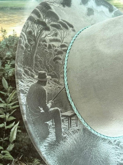 The Bushman’s Retreat - Engraved Fishing Camping Scene Wide Brim Hat, Vegan Suede Fedora Hat, Laser Engraved, Cowboy Hat, Burned Fedora