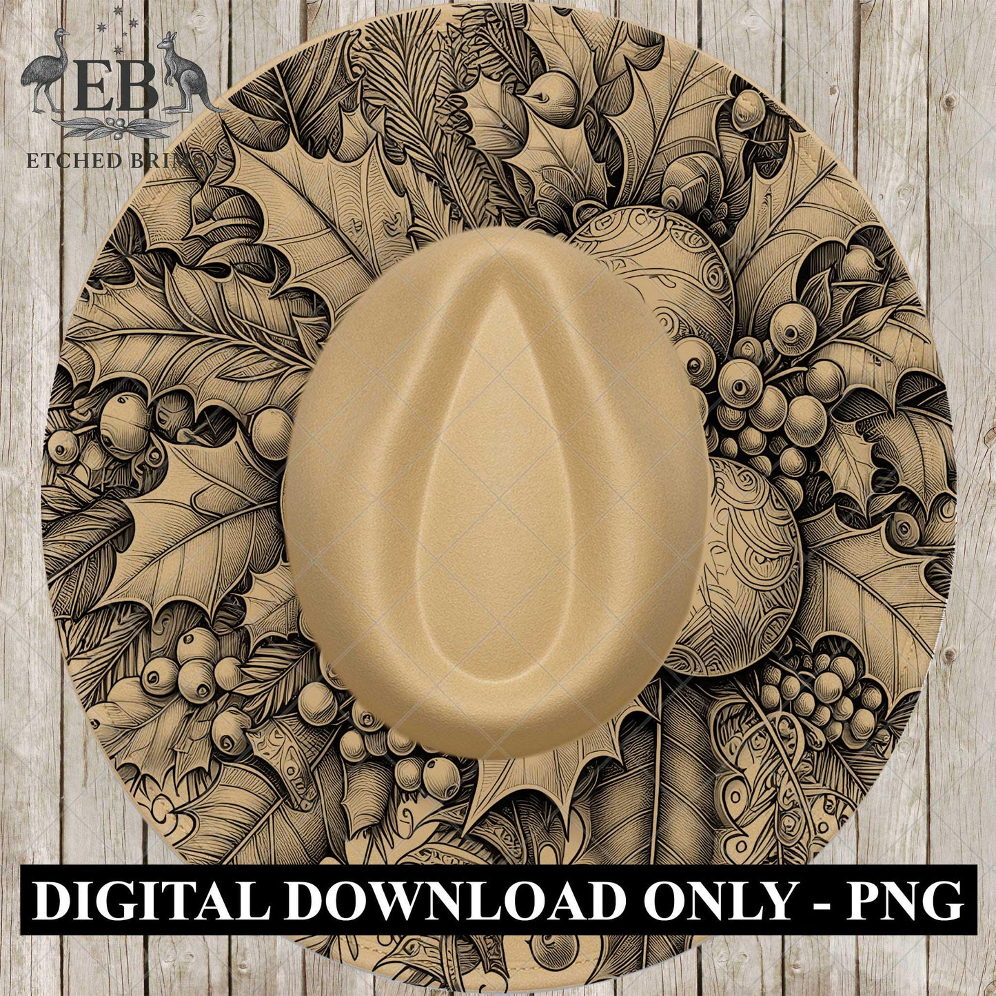 Christmas Holly & Berries, Hat Burning Design, Festive Digital Download PNG, Hat Burning Template, Wide Brim Hat Design, Hat Stencil, EB669