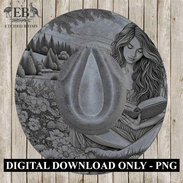 Woman Reading 1, Flowers, Hat Engraving Template, Digital Laser Burn Design, Wide Brim Faux Suede Hats, BOHO, Laser Hat Burning File EB330