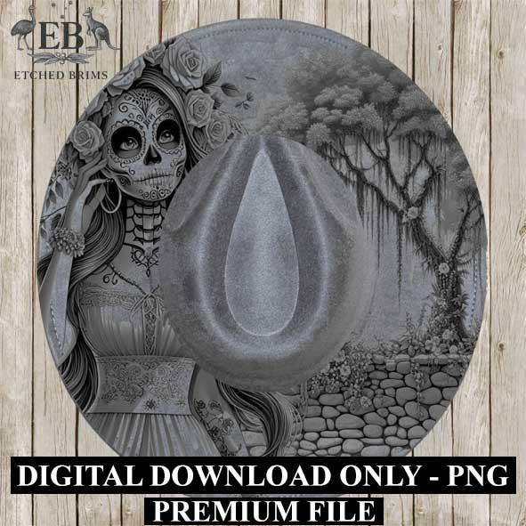 Sugar Skull Girl Hat 1 Engraving Design, Laser Brim Template, Day of the Dead, Western Hat File, Cowgirl Brim Design, Digital Download EB160