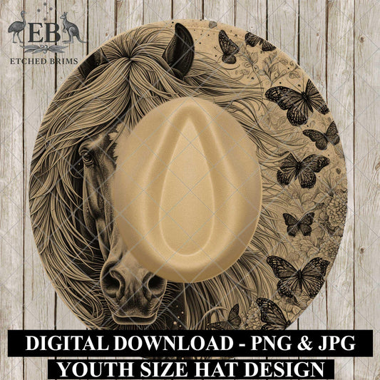 Horse Flowers and Butterfly, Hat Burning Design, Kids Size, - Laser Template for Youth Cowboy Hat, EBY973