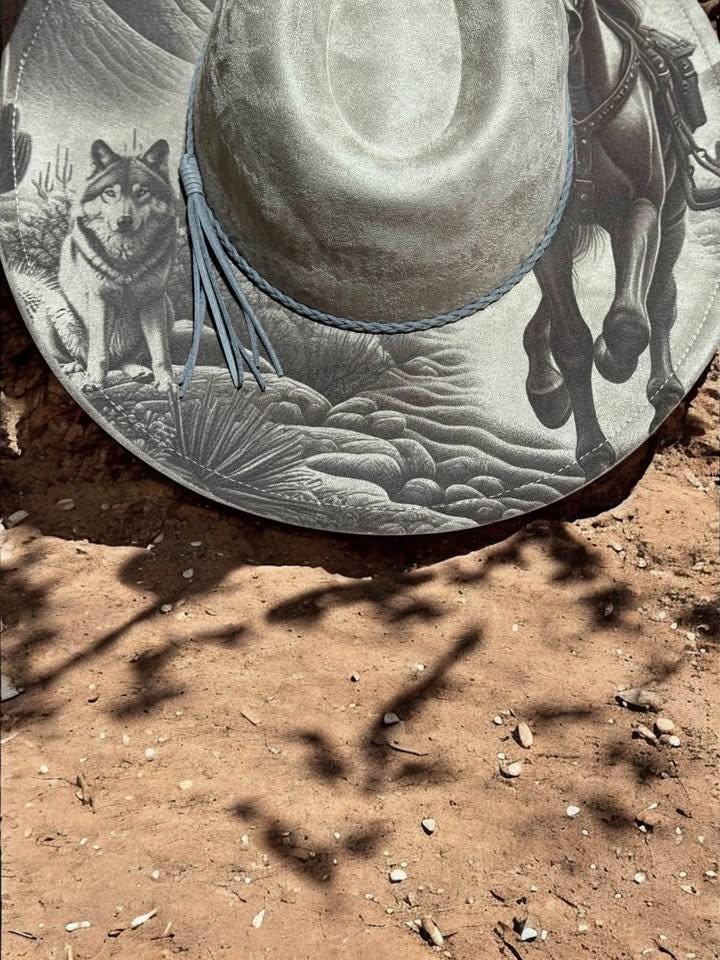 The Desert Spirit – Laser Engraved Horse & Wolf Brim Hat, Wide Brim Hat, Vegan Suede Fedora Hat, Laser Engraved, Burned Fedora