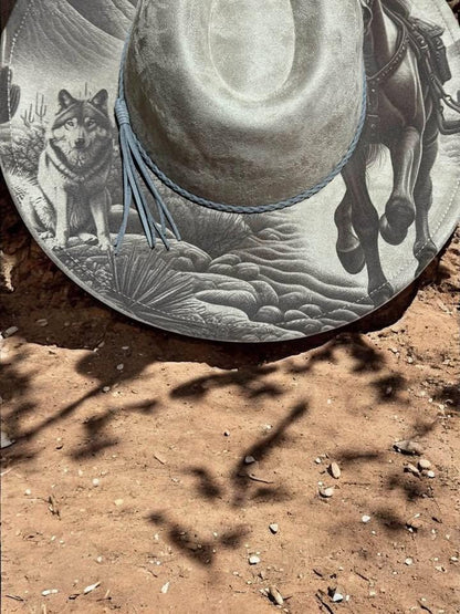 The Desert Spirit – Laser Engraved Horse & Wolf Brim Hat, Wide Brim Hat, Vegan Suede Fedora Hat, Laser Engraved, Burned Fedora