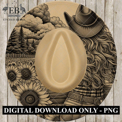 Cowgirl & Sunflowers 3, Hat Burning Design, Wide Brim Hat Burning Template, Laser Hat Engraving Template, Printable Stencil, EB764
