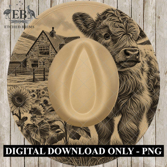 Highland Cow Sunflower Farmhouse, Hat Burning Design, Wide Brim Hat Template, Pyrography Hat Design, Laser Hat Burning Design, EB813