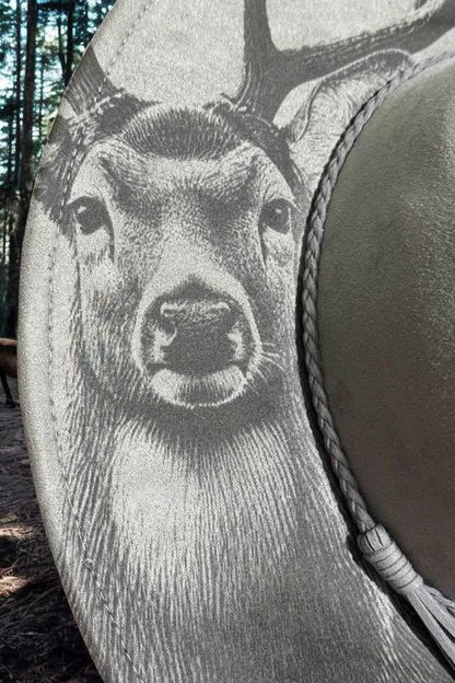 Hunters Retreat - Engraved Stag & Cabin Wide Brim Hat, Vegan Suede Fedora Hat, Laser Engraved, Cowboy Hat, Burned Fedora, Deer Hunter Design