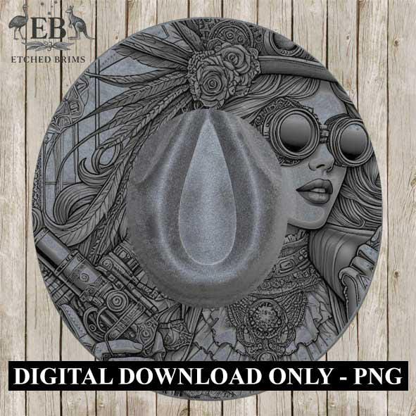 Steampunk 1 Hat Engraving Template, Digital Download Fedora Brim Design with Airship & Steampunk Lady, Laser Hat Design, Hat File EB365