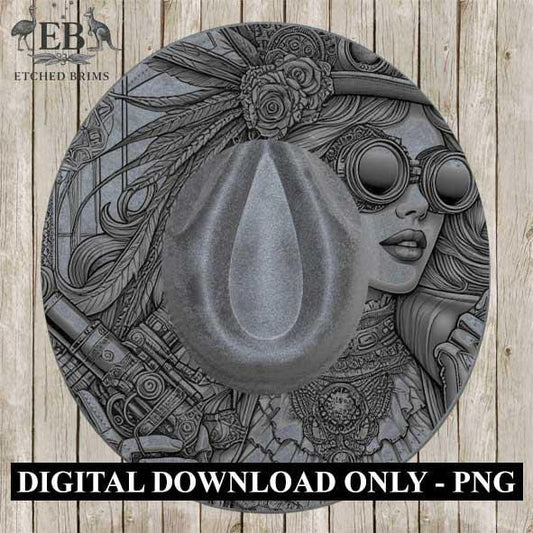 Steampunk 1 Hat Engraving Template, Digital Download Fedora Brim Design with Airship & Steampunk Lady, Laser Hat Design, Hat File EB365