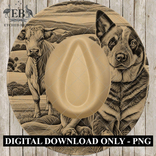 Blue Heeler Dog and Cow, Hat Burning Design, PNG for Laser Engraving, Cattle Dog PNG, Western Hat Design, Digital File for Burning, EB960