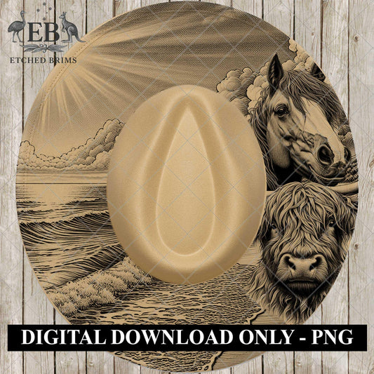 Beach scene with Horse and Highland Cow, Hat Burning Design, Cowgirl Laser Engraving Template for Wide Brim Fedora, EB914