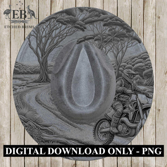 Dirt Bike Rider in the Bush 13, Hat Burning Design, Digital Download PDF & PDF Hand Burning, Wide Brim Hat, Printable Hat Stencil, EB619