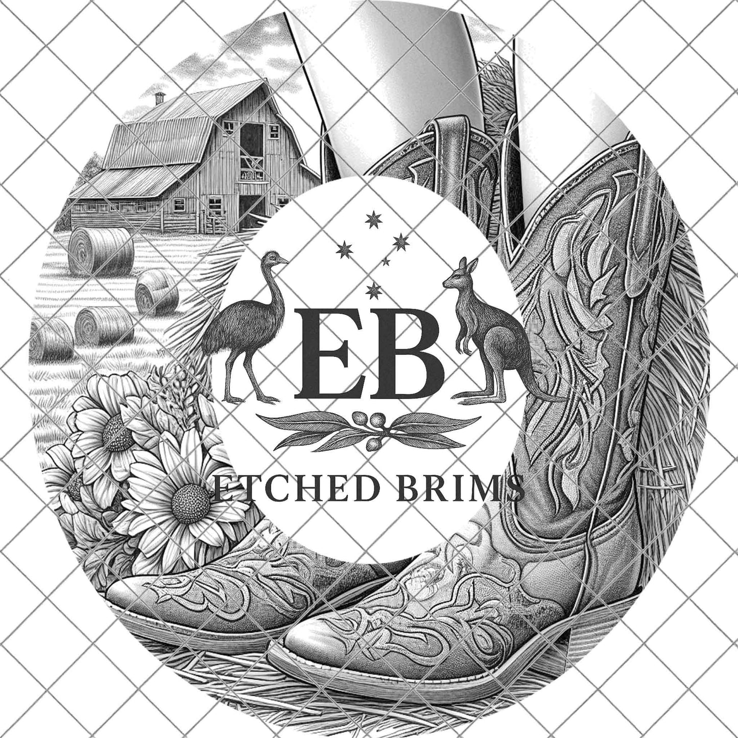 Cowgirl Boots & Sunflowers 5 Hat Burning Design, Western Brim PNG PDF Template, Digital Laser Design, Wide Brim Faux Suede Hat, EB632