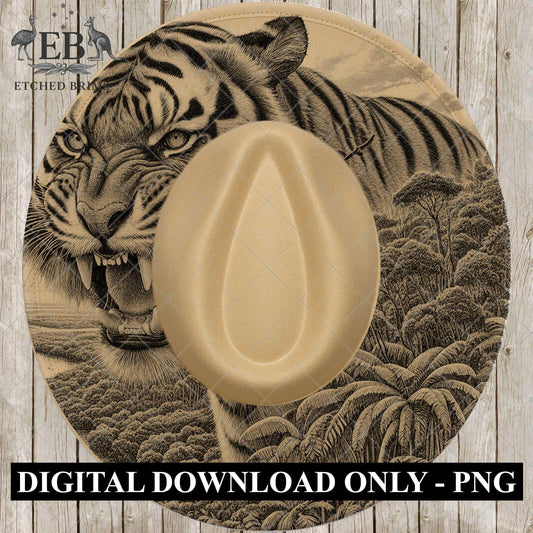 Roaring Tiger, Hat Burning Design, Hat Engraving Template, Wide Brim Burned Hat, PNG Laser Design, EB788