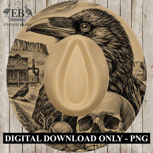 Raven and Skull Western, Hat Burning Design, Wide Brim Hat Template, Pyrography Hat Design, Laser Hat Burning Design, EB845