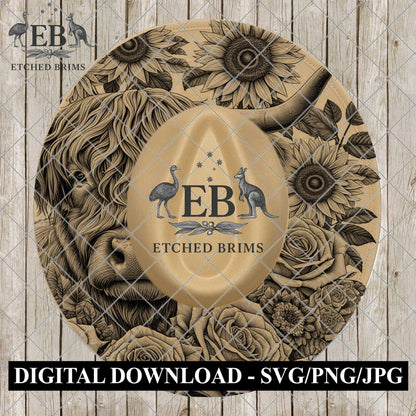 Highland Cow, Hat Burning Design, Rose and Sunflowers Floral, Laser Engraving, Wide Brim Cowboy Hat, EB1137