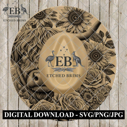 Highland Cow, Hat Burning Design, Rose and Sunflowers Floral, Laser Engraving, Wide Brim Cowboy Hat, EB1137