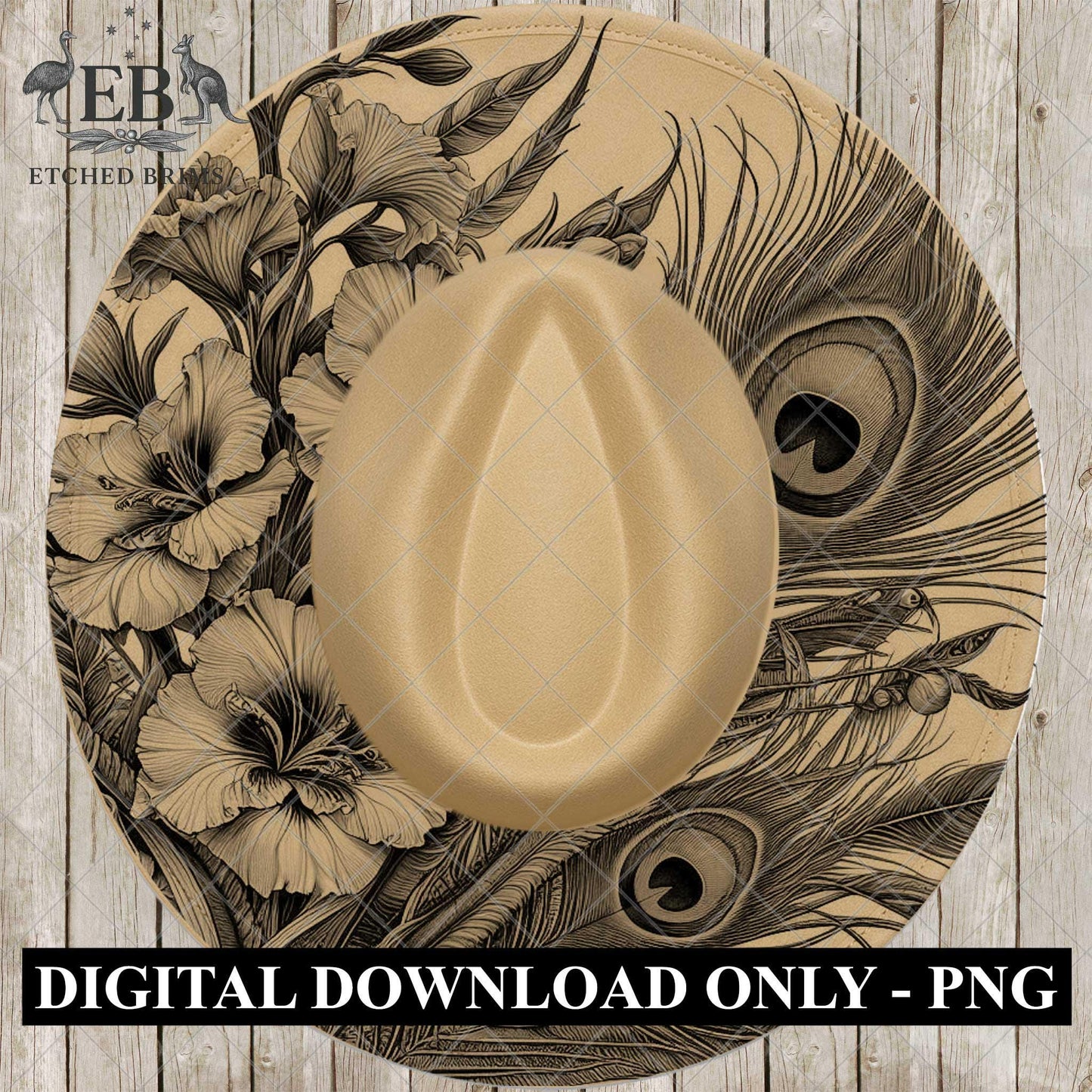 Larkspur Peacock Feather Hat Burning Design, Floral Laser Engraving Template, Cowboy Hat File, EB1035