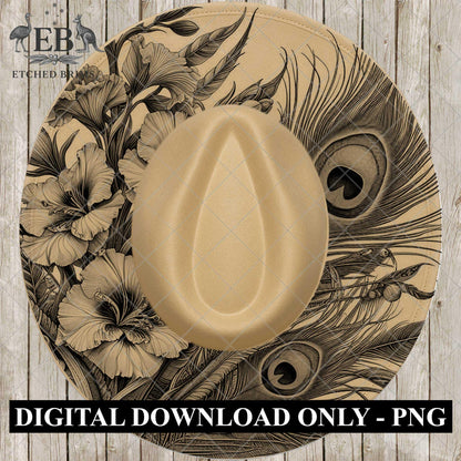 Larkspur Peacock Feather Hat Burning Design, Floral Laser Engraving Template, Cowboy Hat File, EB1035