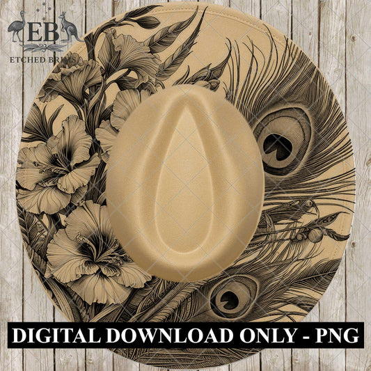 Larkspur Peacock Feather Hat Burning Design, Floral Laser Engraving Template, Cowboy Hat File, EB1035